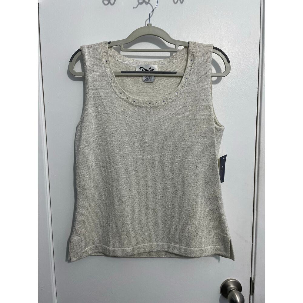 Toula Knit Tank Top Size 8 Silver Beaded Embroidered Wool Blend Preppy NWT